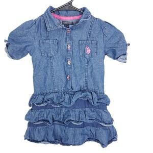 US Polo Assn Dress Kids Baby Toddler 4T Ruffle Tiered Denim Chambray Preppy